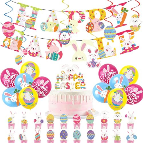 ATBEAMEN 44Pcs Easter Bunny Egg Decorations for Home Easter Day Party Balloons,Easter Decor Banner Bunting,Cake Toppers,Cute Bunny Hanging Swirls for Easter Decorations Easter Theme Party Supplies