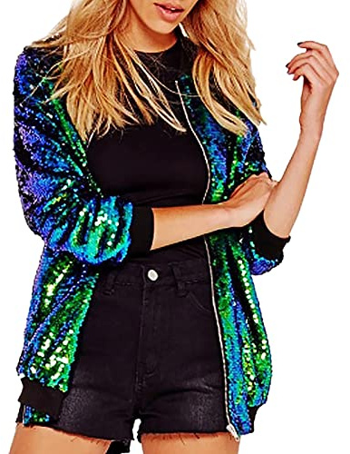 Damen Pailletten Jacke Casual Langarm Glitzer Blazer Bomberjacke Festlich Party Club Kurze Jacke Einfarbig Mode Leicht Frauen Glitzer Kleid Oberteile