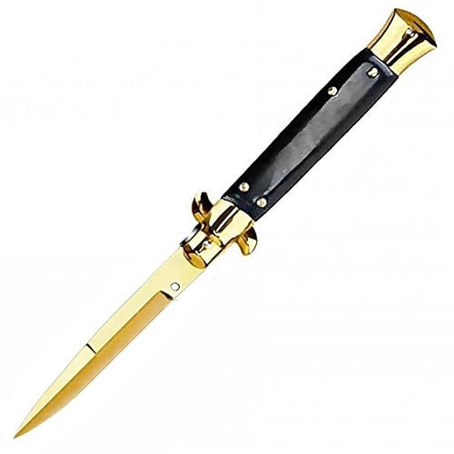 Joa Couteau de Poche en Métal Fin - Pliant, Pratique, Léger - Pour Extérieur, Survie, Chasse - Acier, Épée Noire, Résine Dorée - Avec Fourreau
