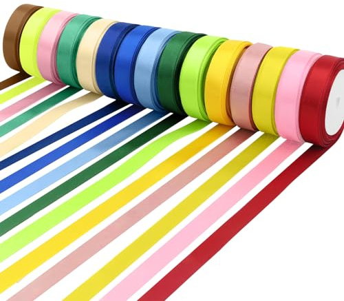Satinband Bänder 22M×25mm - 15 Farbe Regenbogen-Satinband Bunte Stoffbänder Seidensatin-Girlande Geschenkband Schleifenband für Hochzeit, Basteln DIY, Geschenkverpackung, Kunsthandwerk, Blumenstrauß