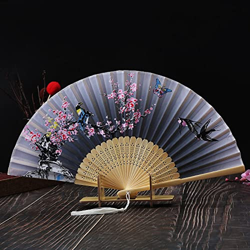 Handfächer, faltbar, graue Seidenfächer, kreativer Blumenvogel, große faltbare Handfächer mit grauer Quaste, handgefertigter chinesischer Fächer für Tanzen, Hochzeitsgeschenke, Party-Requisiten, Dekor