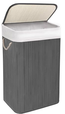 Bamboo Laundry Basket, 72L Laundry Hamper with Removeable Washable Lining, Easy Assemble Easy Folding Storage Bin 40x30x60 cm (Grey)