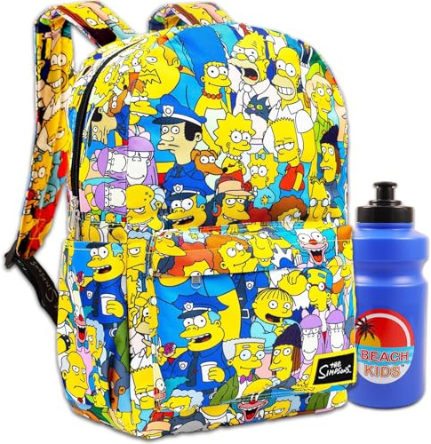 Simpsons ryggsäck för barn set – paket med 43 cm Simpsons skolryggsäck med framficka och vattenflaska | Simpsons ryggsäck för skolan