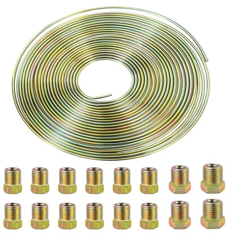 MOCNT 6,35mm Tubo de Freno para Auto 1/4 Kit de Línea de Freno Manguera de Freno Recubierta de Galvanizado Reemplazo Automóvil Tubería de Freno Aceite 7,6m de 16 Tuercas