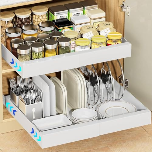 Teleskopschublade für Küchenschrank, Schubladen, Organizer, ausziehbar, selbstklebend, ausziehbar, Schublade, Regale mit Trennwänden, für Zuhause, Badezimmer, 31-53 cm x 41,5 cm x 6 cm, Weiß