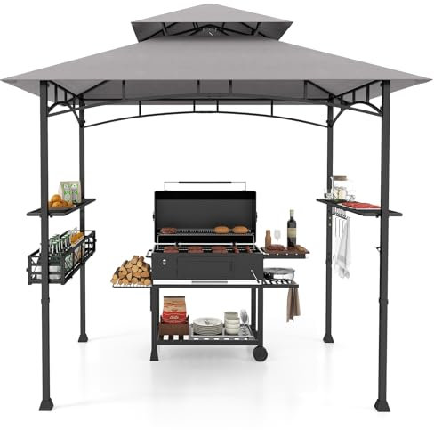 COSTWAY Gazebo per Barbecue, Pergola per BBQ con 2 Ripiani Laterali, Cestino, Ganci Appendiutensili, Apribottiglie, Copertura a 2 Livelli, per Giardino e Cortile, 242 x 153 x 250 cm (Grigio)