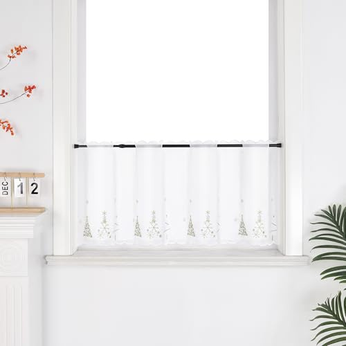Joyswahl Scheibengardine Voile Bistrogardinen durch Lochleiste Transparent Kurzstores mit Weihnachten Muster Weihnachtsgardine mit goldenes Weihnachtsbaum-Muster HxB 45x140cm 1er Pack