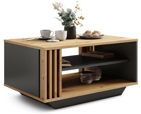 Viosimc Couchtisch, Wohnzimmertisch mit modernen Lamellen, moderner und stilvoller rechteckiger Kaffeetisch mit Ablage, stilvolle Ergänzung für jedes Wohnzimmer – Artisan Eiche & Anthrazit