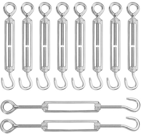 sourcing map M5 Hook and Eye Turnbuckles for Cable Wire Rope Tension, 304 Stainless Steel Turnbuckle Adjustable for Shade Sail String Light Hanging Pack of 10