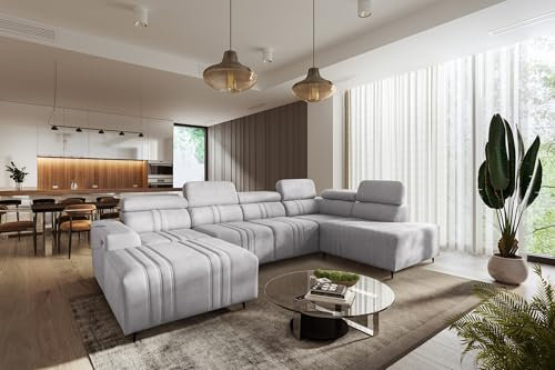 All4All Ecksofa mit Schlaffunktion Fabio VI 340 cm x 211 cm - Eckcouch mit Bettkasten - Wohnlandschaft in U-Form - Modern - Loft Stil - XXL Sofa - Seite Links - Grau - Easy Clean Stoff 26