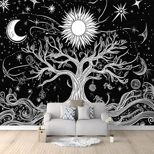 Générique Papier Peint Panoramique Arbre De Vie Lune Soleil Étoiles 300x210 cm Papier Peint Photo Mural Intissé, Poster Tapisserie Mural Personnalisé 3D Pour Salon Chambre Décoration Murale