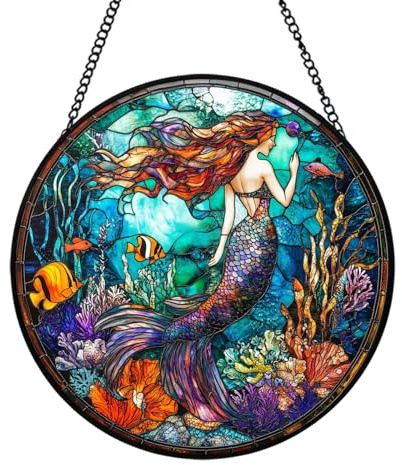 Xuoxeji Mermaid Stained Glass Window Hanging, 20cm/7.87in Mermaid Hanging Decor Mermaid Ornaments, Mermaid Lovers Gifts for Women