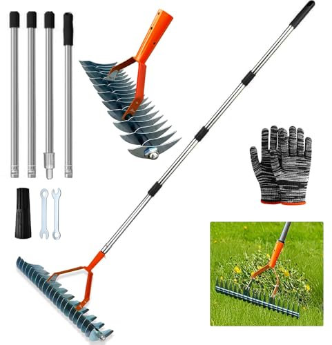 Vertikutierer Rechen mit Stiel 170cm, Metall Schneidrechen Garten, Abnehmbar, Verstellbarer Vertikutierrechen, Handvertikutierer, Vertikutierer Rechen, Vertikutierharke für Garten, Hof, Rasen