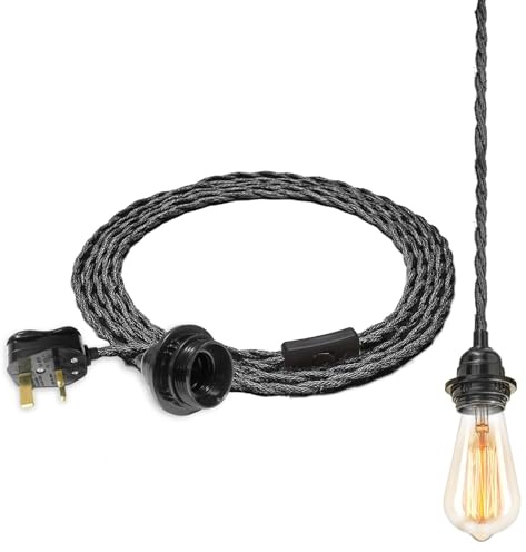 Industrial Pendant Light Ceiling Lighting Fitting, E27 Socket, Hemp Rope Plug in Cord with On/Off Switch-UK Plug, DIY Hanging Light Kit Fixture (Black, 3m)