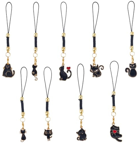 SUNNYCLUE 18 Stück 9 Stile Schwarzer Katzen Handyanhänger Kätzchen Handyanhänger Kleiner Emaille Glücksbringer Süße Schwarze Tierkatzen Kätzchen Handygurte Für Geburtstags Sommerpartys Erwachsene Gesc