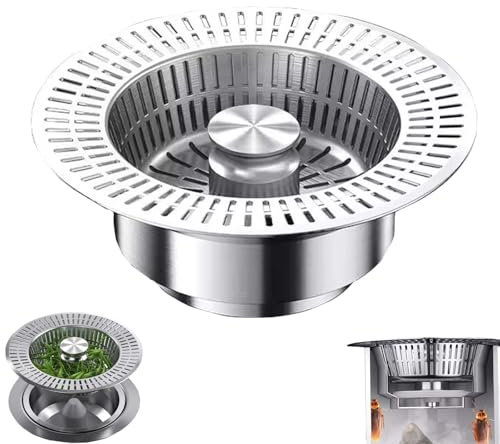 3 in 1 Küchen Spülbecken Stöpsel WISIRENT, Edelstahl Abflusssieb Küchenspüle Pop Up Abflussstopfen, Küchenspüle Stöpsel mit Anti-Verstopfungssieb für Außendurchmesser der Spüle 110mm, Tiefe > 41mm