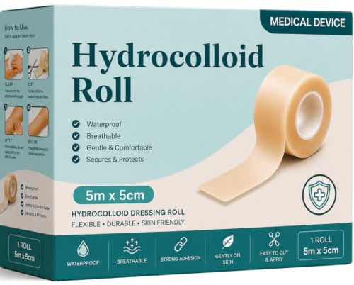 Hydrocolloid Roll 5cm x 5m – Cut-to-Size Waterproof Dressing Tape – Flexible & Skin-Friendly Bandage Patch for Blisters, Acne, Minor Wounds – Self-Adhesive & Latex-Free (5cm x 5m)