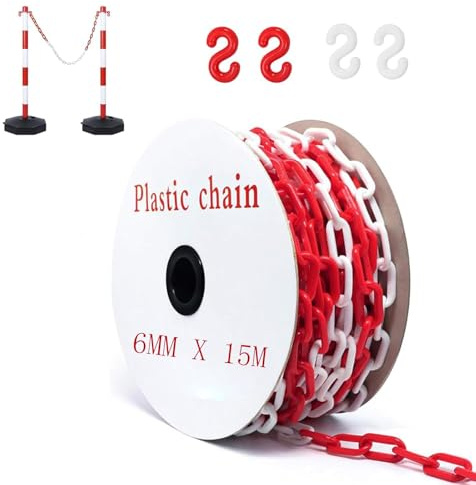 Cadena de seguridad de plástico de 15 m, color rojo y blanco, 6 mm, con 4 ganchos en S, cadena de seguridad de plástico para obras de construcción, aparcamiento y mantenimiento de pedidos