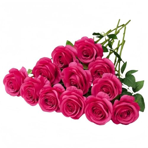10 Pcs Artificial Roses, Fuchsia Fake Roses Artificial Flowers, with Stems Fake Artificials Fuchsia Rose Silk Flowers, for Home Garden Party Hotel Office Decor
