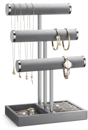 Jewelry Organizer Stand Display, 3 Tier Velvet Bracelet Holder, Grey