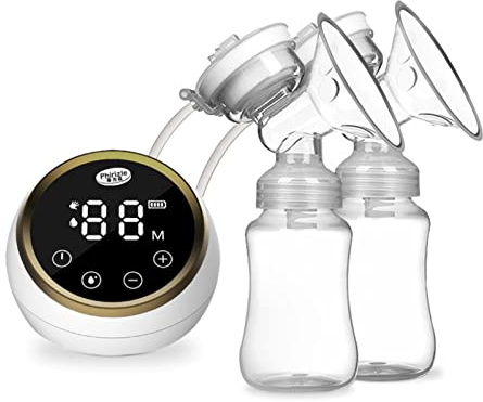 Dubbel elektrisk mjölkpump, bröstmjölkspump med 2 stycken 150 ml mjölkflaskor 3 lägen och 9 nivåer justerbara uppladdningsbara LED-displayer