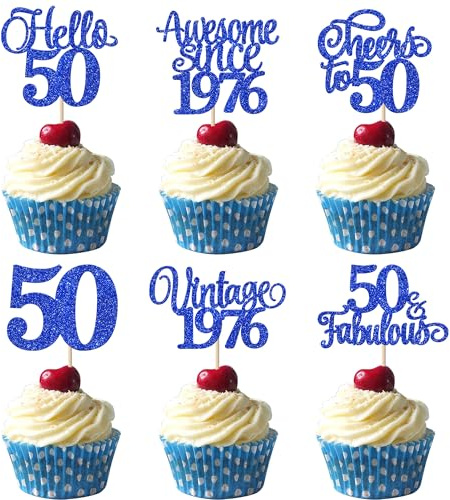 Xsstarmi 24 Pack Vintage 1976 Cupcake Toppers Glitter Blue Hello 50 Fabulous Fifty Cupcake Picks Cheers to 50 Years Birthday Cake Decorations for Happy 50th Birthday Anniversary Party Supplies