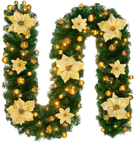 Weihnachtsgirlande mit Beleuchtung,5.75M/18.86FT LED Girlande Weihnachten,Vor Beleuchteter Künstlicher weihnachtsgirlande,Weihnachtsdeko Girlande,Weihnachten Outdoor für Treppen,Türen,Zuhause,Draußen