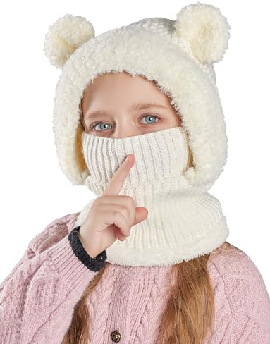 Maeau Mössa, vintermössa för barn, flickor, pojkar, 4–10 år, baby, vintermössa, slip-mössa, stickad fleece med 2 tofsar småbarn, 2 i 1 balaklava och loop halsduk, halsduk, stickad mössa höst, Vit, one