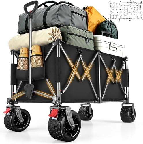 YEAUPE PRO rullvagn, vikbar med parkeringsbroms, 67 l, 50 kg, vikbar rullvagn från 4 riktningar, höjdjusterbart handtag och sidoöppning för trädgård, camping, strandvagn och shopping, svart