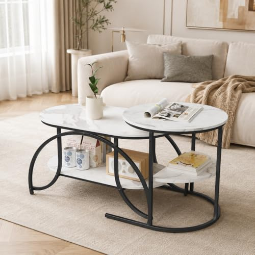 Uppsättning av 2 soffbord, runda och oval, moderna sidobord vardagsrumsbord med förvaringsutrymme och marmorutseende metallram bord vardagsrum soffbord, soffbordsset (svarta ben + vit platta)