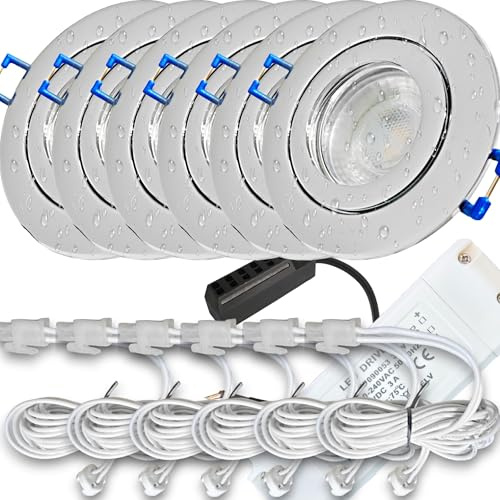 LED Einbauspots 12 V IP44 – 6er-Set in Chrom mit Trafo & AMP-Verteiler, je Spot mit 120 cm Zuleitung – 3 W Leistung, 250 lm Lichtstrom, 4000 K Neutralweiß – geeignet für Bad, Küche und Feuchträume
