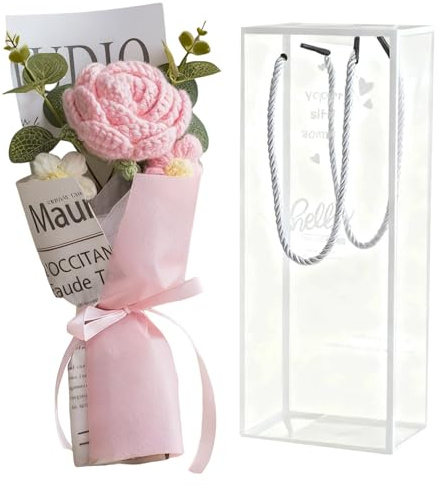 InteDesign Bouquet di fiori all'uncinetto, bouquet di rose rosa lavorato a mano, per donne, compleanno, decorazione per la casa, festa della mamma, San Valentino, anniversario, laurea, regalo di nozze