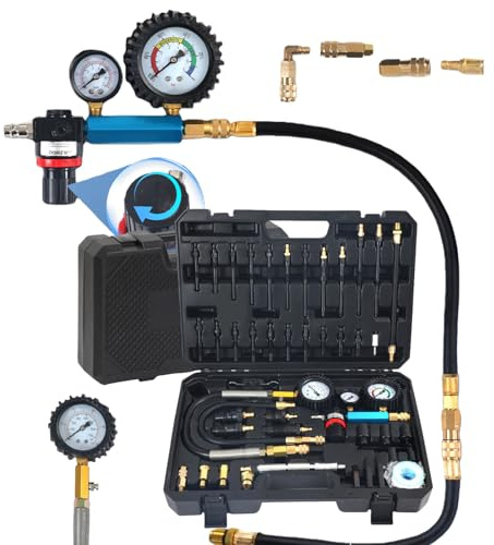 46 Pièces Kit de Testeur de Compression Automobile avec Manomètre à Double Cadran Diesel & Essence Compressiometre Test d'étanchéité cylindres Test Perte Pression pour HDi, TDCi, Pompe Injection (PD)