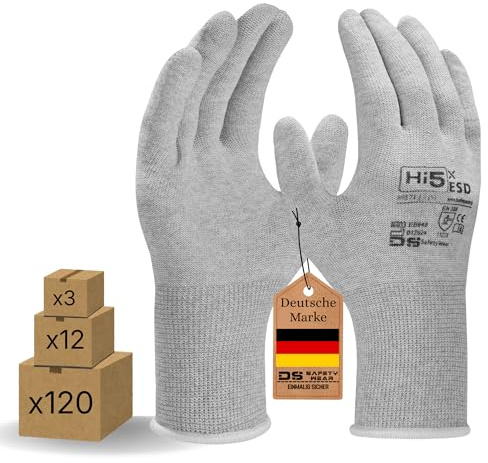 Hi5 DS SafetyWear X-ESD Arbeitshandschuhe – 13G Carbonfaser/Elasthan – ESD geeignet – EN 388:1121X – hohe Fingerfertigkeit Level 5 – Montage & Elektronik – weiß (L, 3, stück)