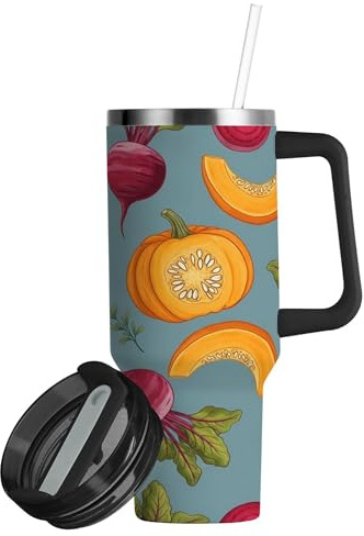 Exnundod 40oz Tumbler with Handle Pumpkin Beetroot Leaf Seed Insulated Tumbler with Lid and Straw Leak-proof Bottle for Cupholder Coffee Travel Home