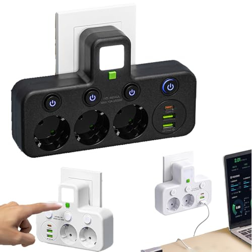 Multi-Port EU-Steckdosenadapter mit 2 USB & 1 Type-C Ladebuchse (5V 2.0A), Mehrfachstecker ohne Kabel, Sanftes Nachtlicht, Ideal für Küche, Wohnzimmer, Schlafzimmer und Büro (Black, 3 Fach)