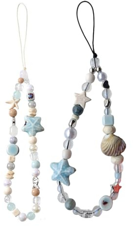 2Articles étoile de mer Pendentifs pour Téléphones,Lanière Anti-perte pour Téléphone Bohème,Dragonne de Téléphone,Breloques pour Téléphones Portable Série Bleue,pour Femmes,Filles,Porte-clés