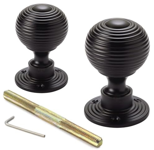 AB Hardware Matte Black Beehive Door Knobs Pair – 50mm Solid Brass Powder Coated Victorian Style Rim Mortice Door Handles – Reeded Interior Door Knob Set with Backplates & Spindle