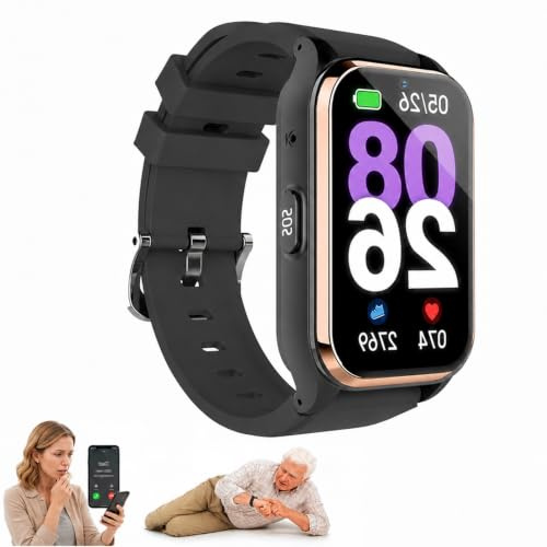 SOS Emergency Smart Watch for Seniors with 4G GPS Tracker and Fall Alert | 4G Two-Way Calling, Heart Rate & Blood Pressure Monitor, Voice Messages, Large HD Screen, 7-Day Battery Life(Gold)