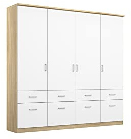 Rauch Möbel Bremen, Kleiderschrank, Farbe Weiß/Eiche Sonoma, Breite 181 cm | Schrank, Mehrzweckschrank, 4-türig, 8 Schubladen, für Schlafzimmer, Kinderzimmer, Homeoffice, Gästezimmer, Garderobe, Flur