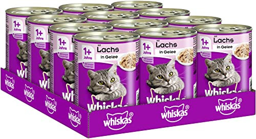 Whiskas Katzenfutter Nassfutter Adult 1+ mit Lachs in Gelee, 12 Dosen (12 x 400g)