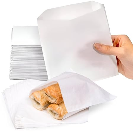 Greaseproof Paper Food Bags 8.5 x 8.5 / 215mm x 215mm (Pack of 100) 100% Grease Resistant Sandwich & Takeaway Bags Perfect for Bakery Goods, Snacks, Fried Foods, And More