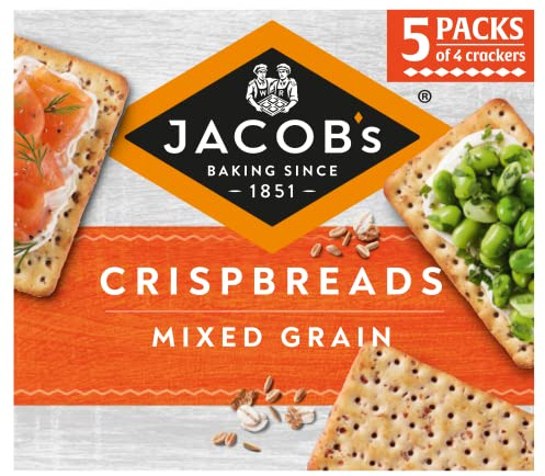 JACOB'S Crispbreads Mixed Grain Crackers, 20 Crackers Per Pack, 190 g | Delicate & Crispy, Ideal for Toppings, Vegetarian Friendly, High in Fiber