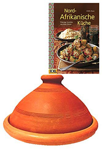 Tajine, original aus Marokko, inklusive Kochbuch Nord Afrikanische Küche, Tontopf zum Kochen, Tuareg Ø 30cm, für 4-5 Personen, handgetöpfert aus Marrakesch, frei von Schadstoffe