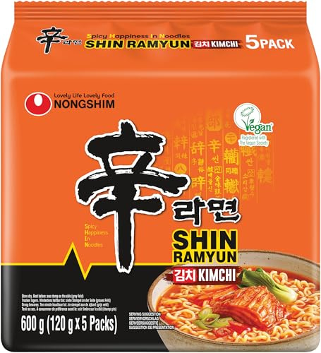 Nong Shim Instantnudeln Kimchi Ramyun – Koreanische Ramen Suppe - schnelle Zubereitung – 1er Multipack - 5 x 120g | Schnelle Zubereitung in Minuten, authentische koreanische Ramen Suppe, ideal für Snacks und Mahlzeiten