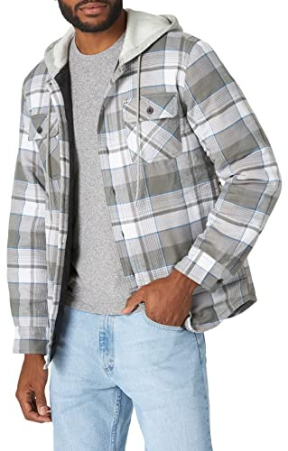 Wrangler Authentics Long Sleeve Quilted Lined Flannel Shirt Jacket with Hood Camisa Abotonada, Cloud Burst, S para Hombre