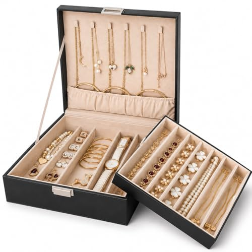BEWISHOME Jewelry Box Organizer, 2-Layer Necklace Organizer Box, Modern Style Necklace And Bracelet Storage Case, Necklace Case for Women, Girls (Black SSH31B)