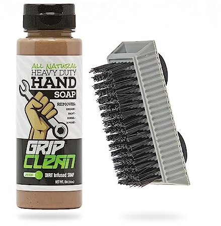 Grip Clean Heavy-Duty Hand Cleaner for Mechanics with Nail Brush - Moisturizing Coconut Oil Hand Cleaner Liquid Hand Soap with Stiff Bristle Nail Brush, Lime Scent – 8 Fl Oz Squeeze Bottle + Brush