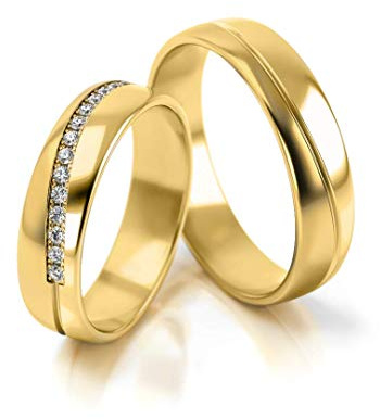 JC Trauringe Silber 925 Paarpreis Eheringe Gold Plattiert I Verlobungsringe breit 4,5 mm I Partnerringe mit Gravur in edler Schatulle I 2 Hochzeitsringe Herrenring & Damenring mit Steinen I PL308-GP
