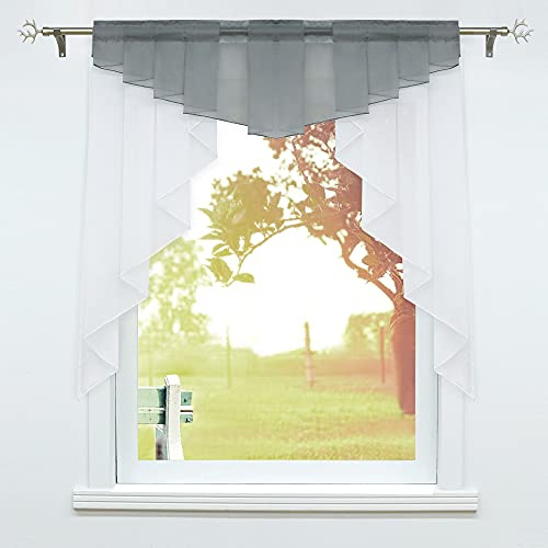 SCHOAL Scheibengardinen, Küche Gardinen, BxH 100x100 cm Grau | Kleinfenster Küchengardine mit Kräuselband oder Tunnelzug, Bistrogardinen Voile, Transparente Kurzgardinen Modern, 1 Stück